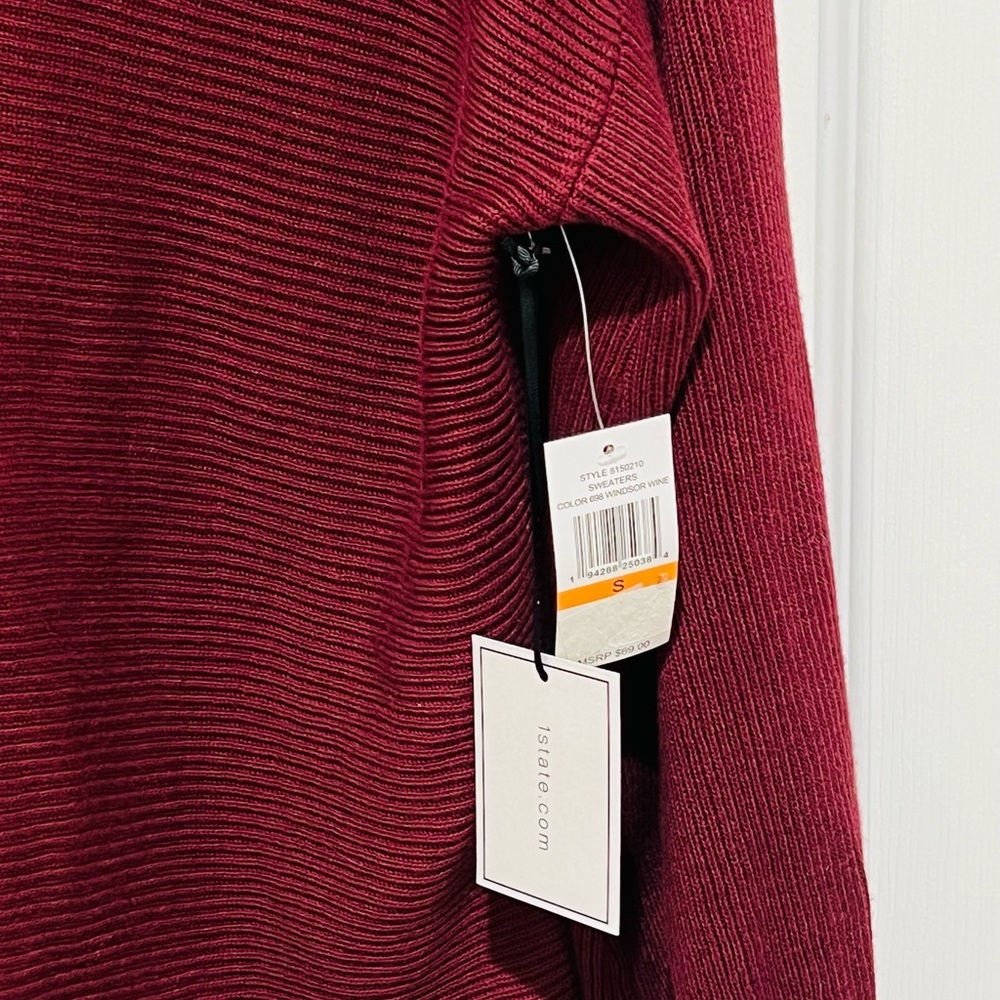 1.STATE Ribbed Balloon Sleeve Cotton Blend Sweater in Burgundy, Size S - Picture 3 of 5